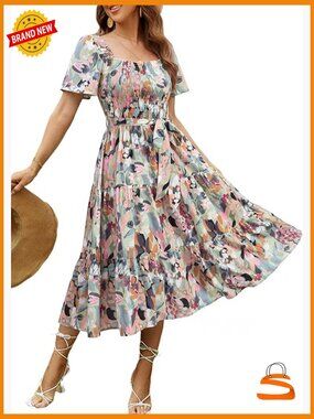 Boho Flowy Long Sleeve Square Neck Floral Midi Dress Smocked Spring Fall